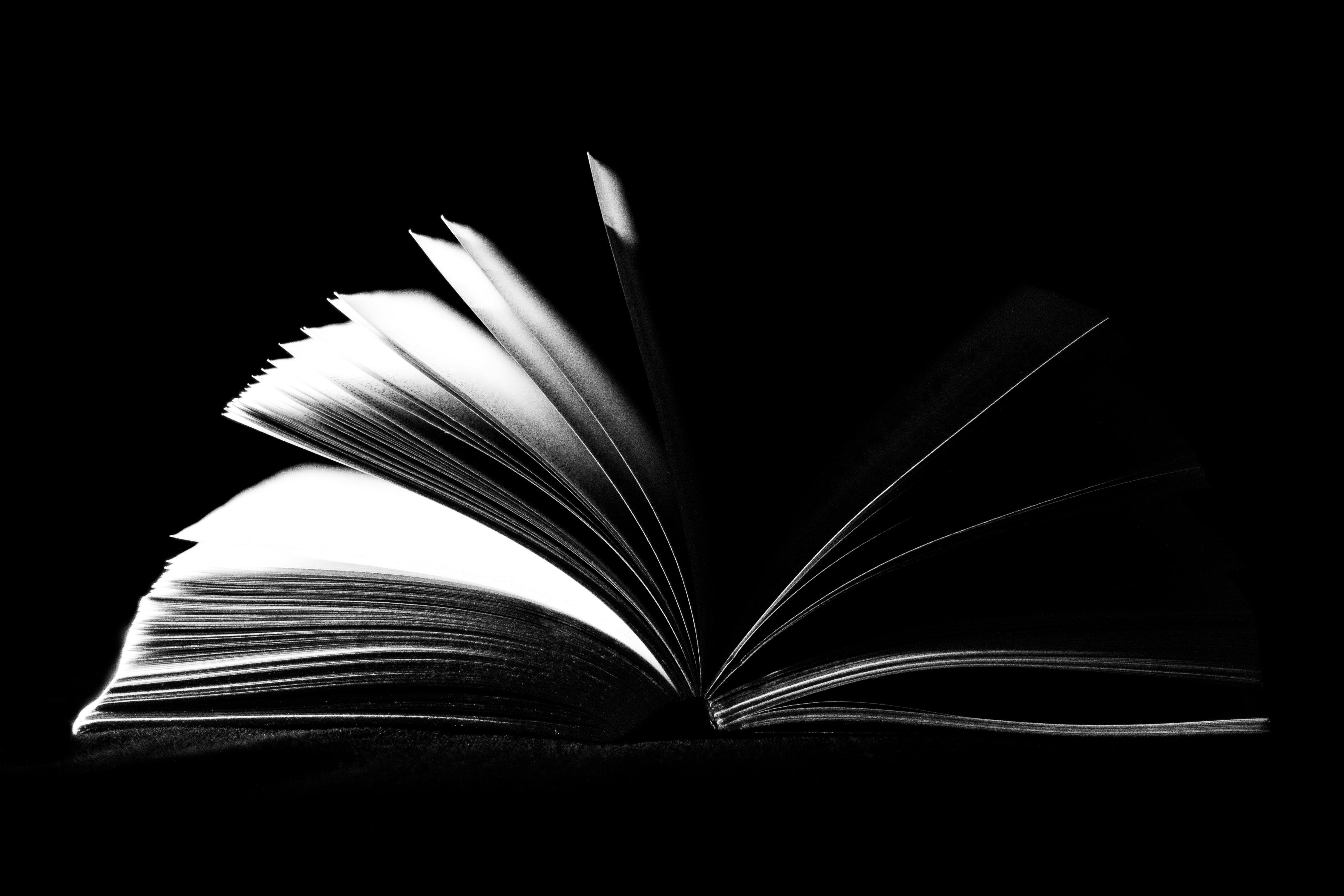 A striking black and white image of an open book with pages fanned out against a dark background.